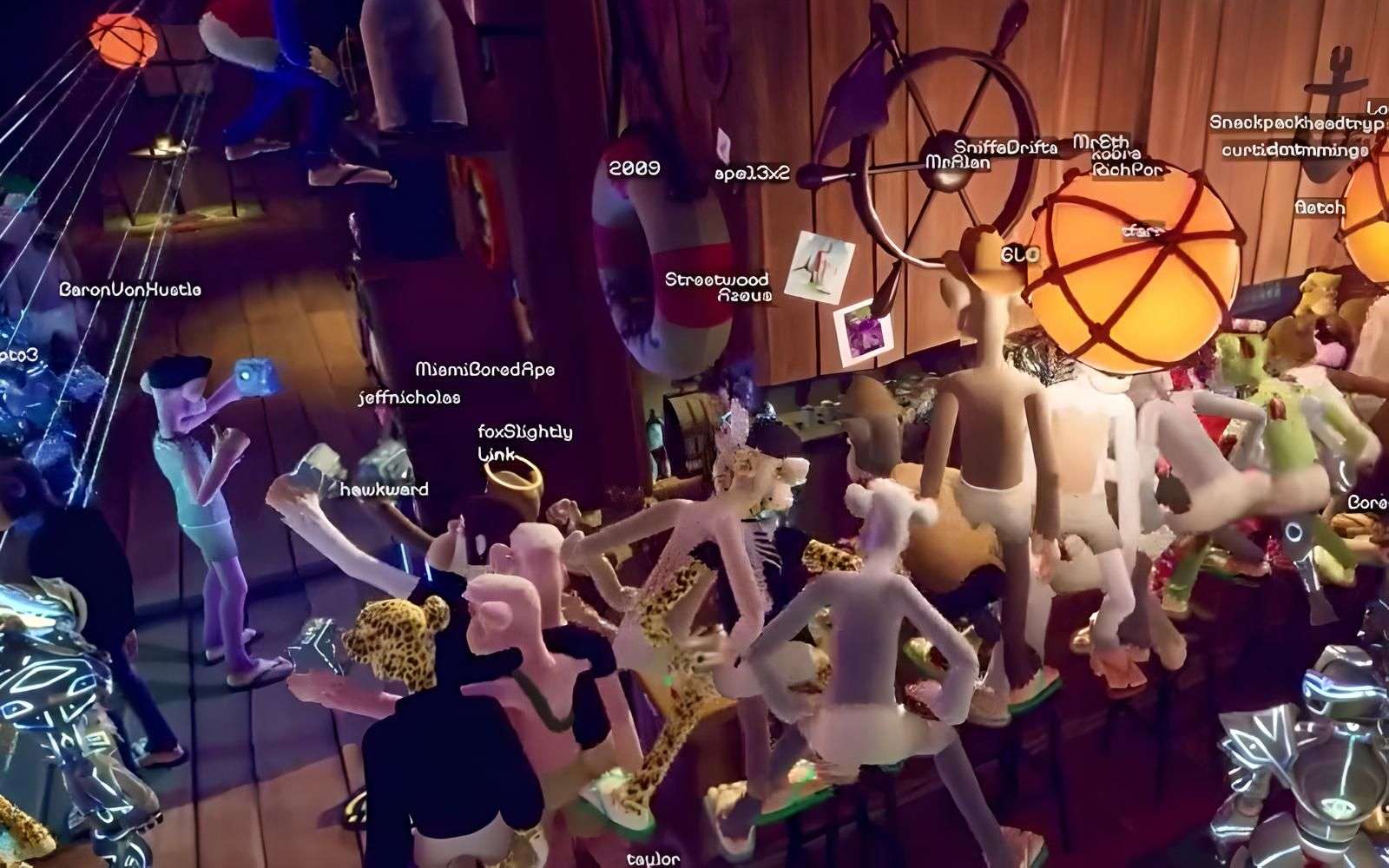A group of ape avatars, many wearing only white shorts, stand in a bar and clubhouse. Many of them are standing on a wooden bar and are in the middle of a twerking animation.