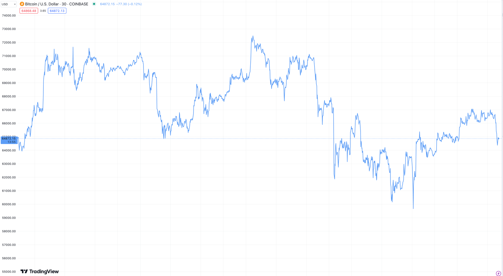 A chart of Bitcoin prices fluctuating between around $40,000 and around $74,000