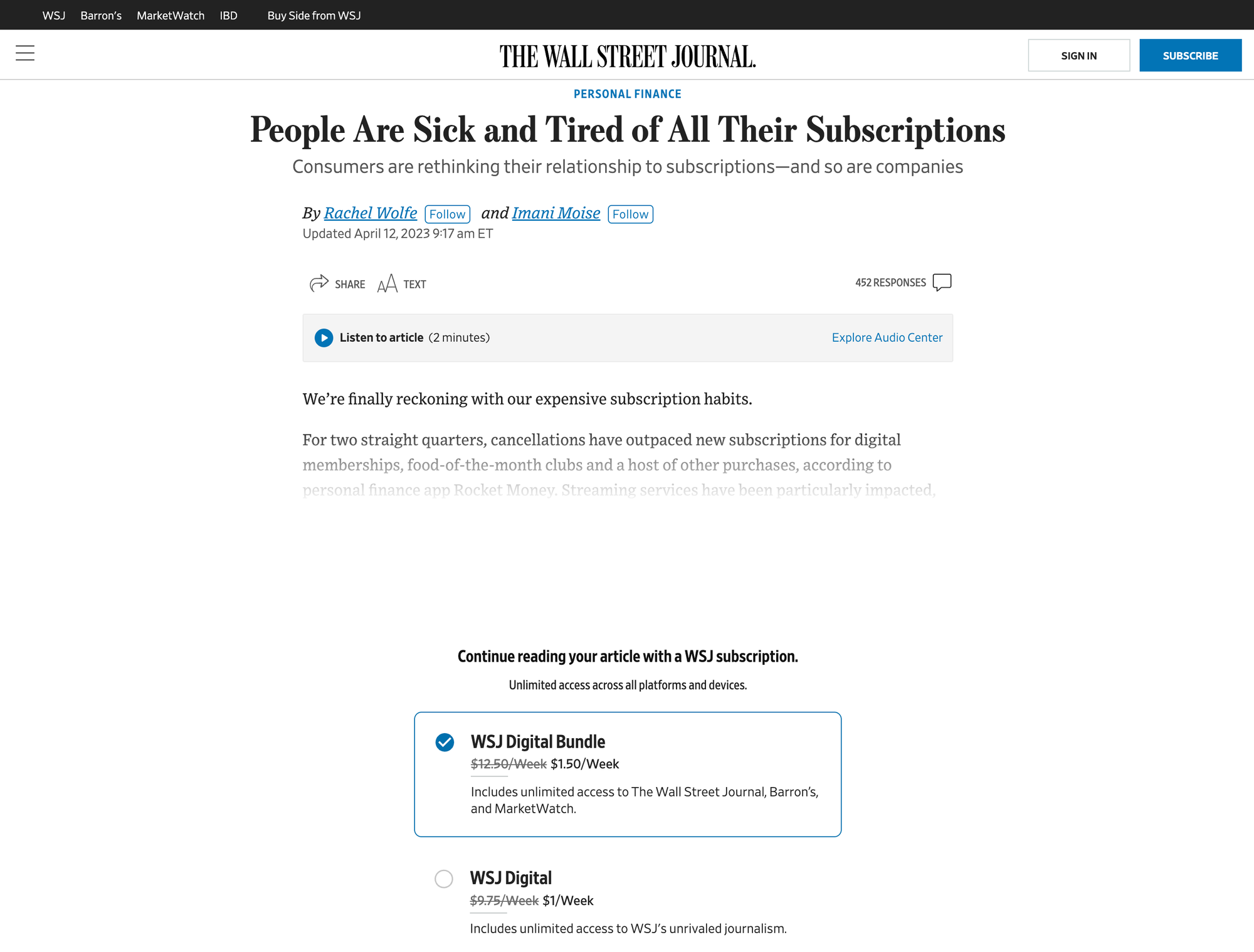 Screenshot of a Wall Street Journal post titled "People are Sick and Tired of All Their Subscriptions", with a subscription paywall obscuring all beyond the first few sentences