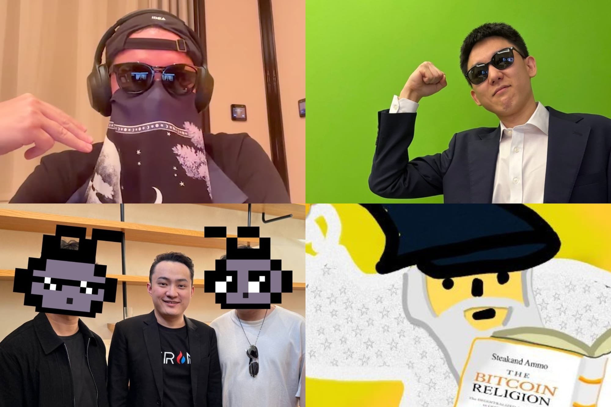 Clockwise from top left: “Ogle” (a man wearing sunglasses, and a bandana covering his lower face, “INBUM” from BugsCoin, “Booblino” (a profile picture of a cartoon wizard holding a book titled “The Bitcoin Religion”), Justin Sun (center) and two representatives of MemeCore (with pixel art cartoon aliens superimposed to hide their faces)