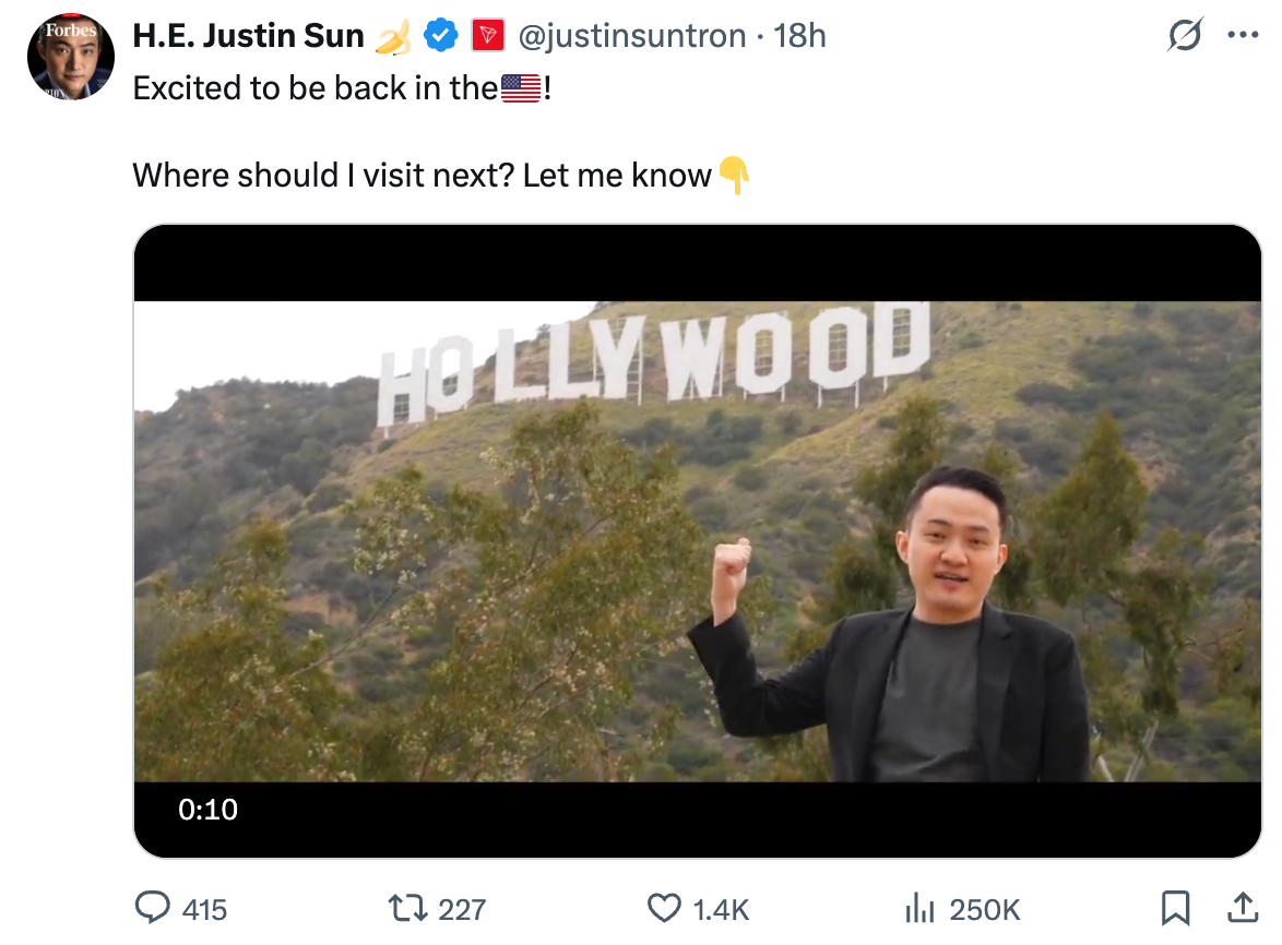 Tweet by Justin Sun: “Excited to be back in the🇺🇸! Where should I visit next? Let me know👇”