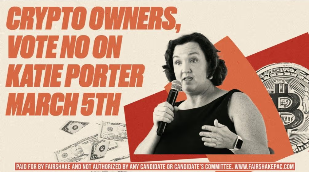 A graphic showing Katie Porter speaking into a microphone. There is a large Bitcoin symbol behind her on one side, and a flurry of paper bills on the other. Large text reads, “Crypto owners, vote no on Katie Porter March 5th”