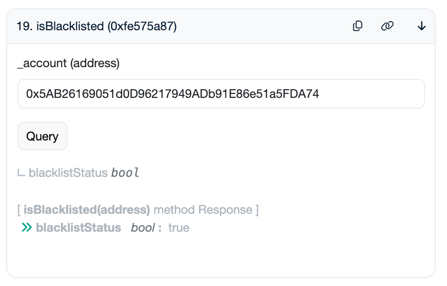 A query for isBlacklisted on the wallet 0x5AB26169051d0D96217949ADb91E86e51a5FDA74, showing a response of true
