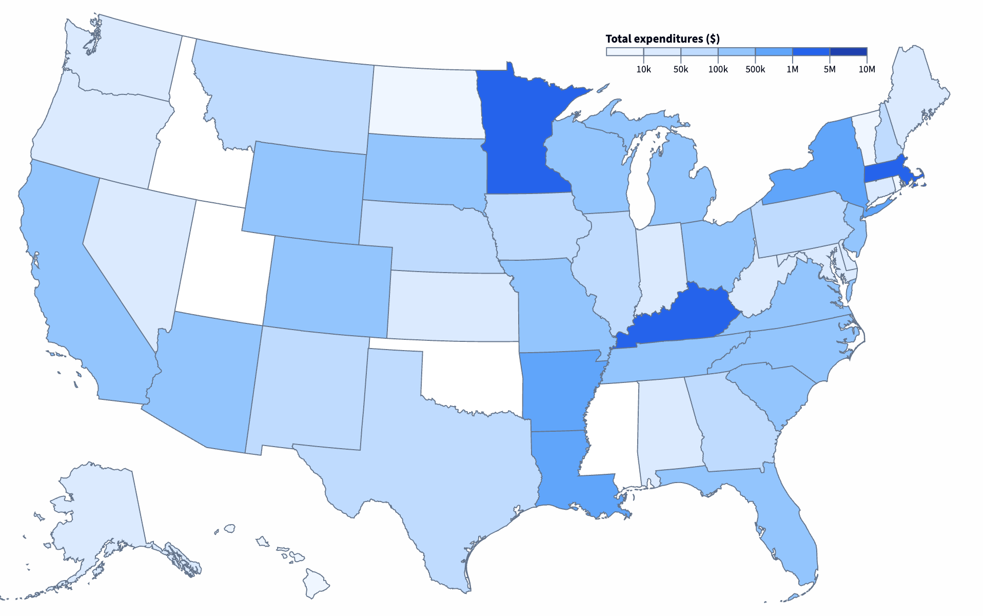Chloropleth map of company expenditures by state. Most Minnesota, Massachusetts, and Kentucky.