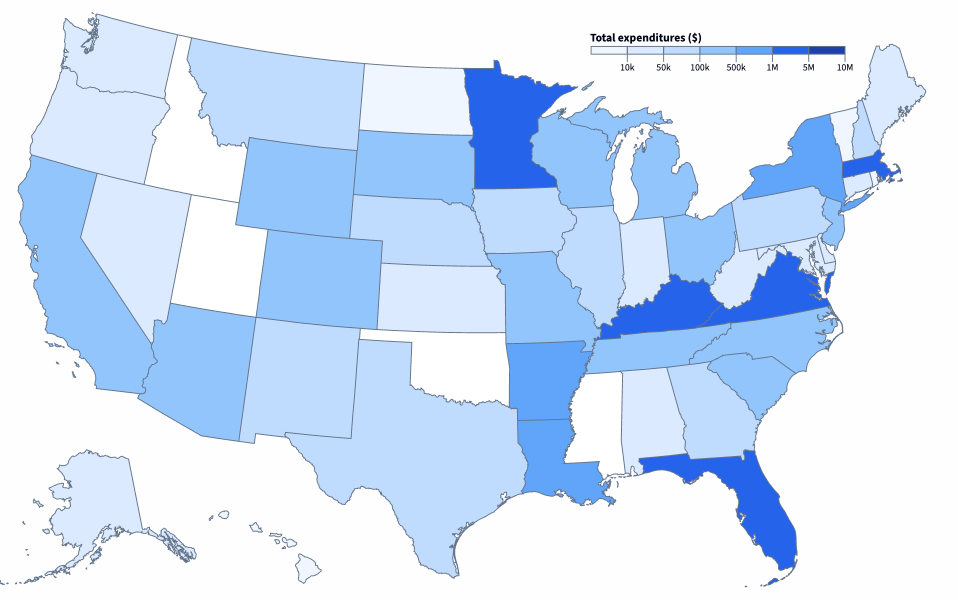 Chloropleth map of expenditures by state. Most spending is in Massachusetts, Minnesota, Kentucky, Virginia, and Florida