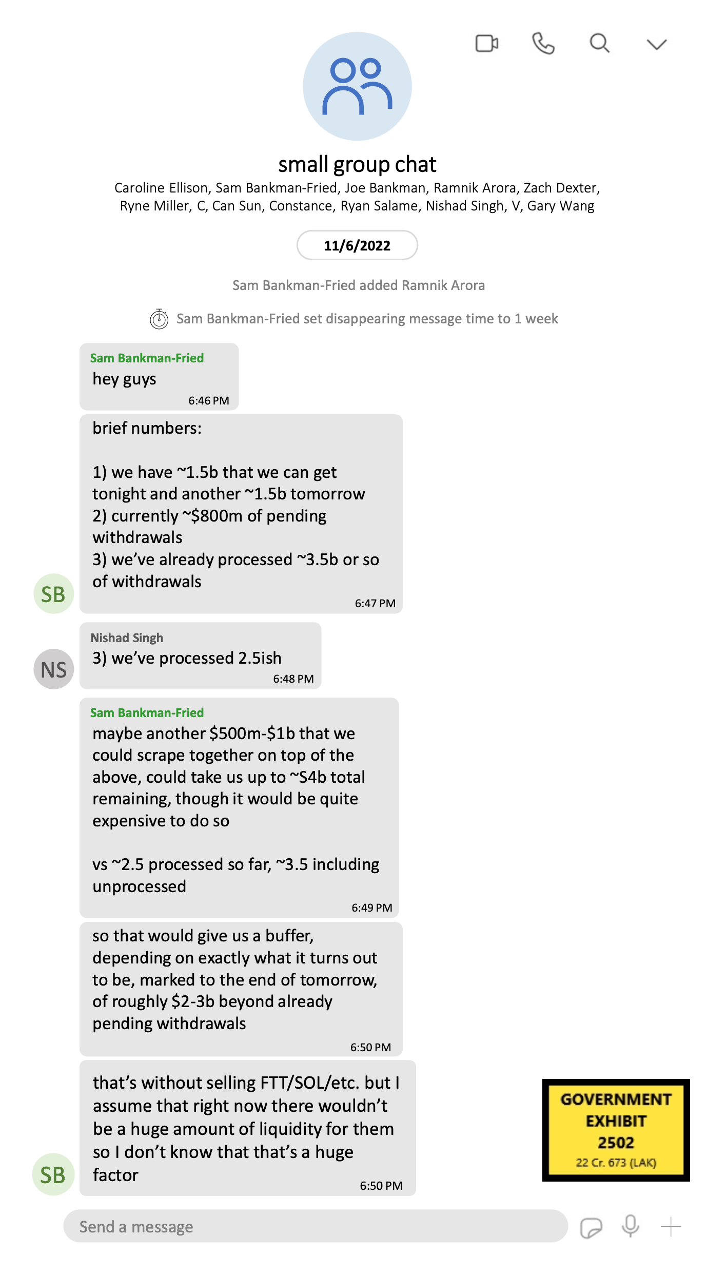 small group chat Caroline Ellison, Sam Bankman-Fried, Joe Bankman, Ramnik Arora, Zach Dexter, Ryne Miller, C, Can Sun, Constance, Ryan Salame, Nishad Singh, V, Gary Wang 11/6/2022 Sam Bankman-Fried added Ramnik Arora Sam Bankman-Fried set disappearing message time to 1 week hey guys brief numbers: 1) we have ~1.5b that we can get tonight and another ~1.5b tomorrow 2) currently ~$800m of pending withdrawals 3) we’ve already processed ~3.5b or so of withdrawals 6:46 PM Nishad Singh we’ve processed 2.5ish 6:48 PM Sam Bankman-Fried maybe another $500m-$1b that we could scrape together on top of the above, could take us up to ~S4b total remaining, though it would be quite expensive to do so vs ~2.5 processed so far, ~3.5 including unprocessed so that would give us a buffer, depending on exactly what it turns out to be, marked to the end of tomorrow, of roughly $2-3b beyond already pending withdrawals that’s without selling FTT/SOL/etc. but I assume that right now there wouldn’t be a huge amount of liquidity for them so I don’t know that that’s a huge factor GOVERNMENT EXHIBIT 2502 22 Cr. 673 (LAK)