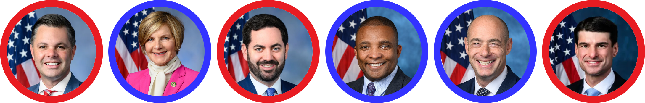 The official portraits of each endorsed Congressperson, with a red or blue border indicating if they are a Republican or Democrat: Zach Nunn (R), Susie Lee (D), Mike Lawler (R), Don Davis (D), Greg Landsman (D), Rob Bresnahan (R)