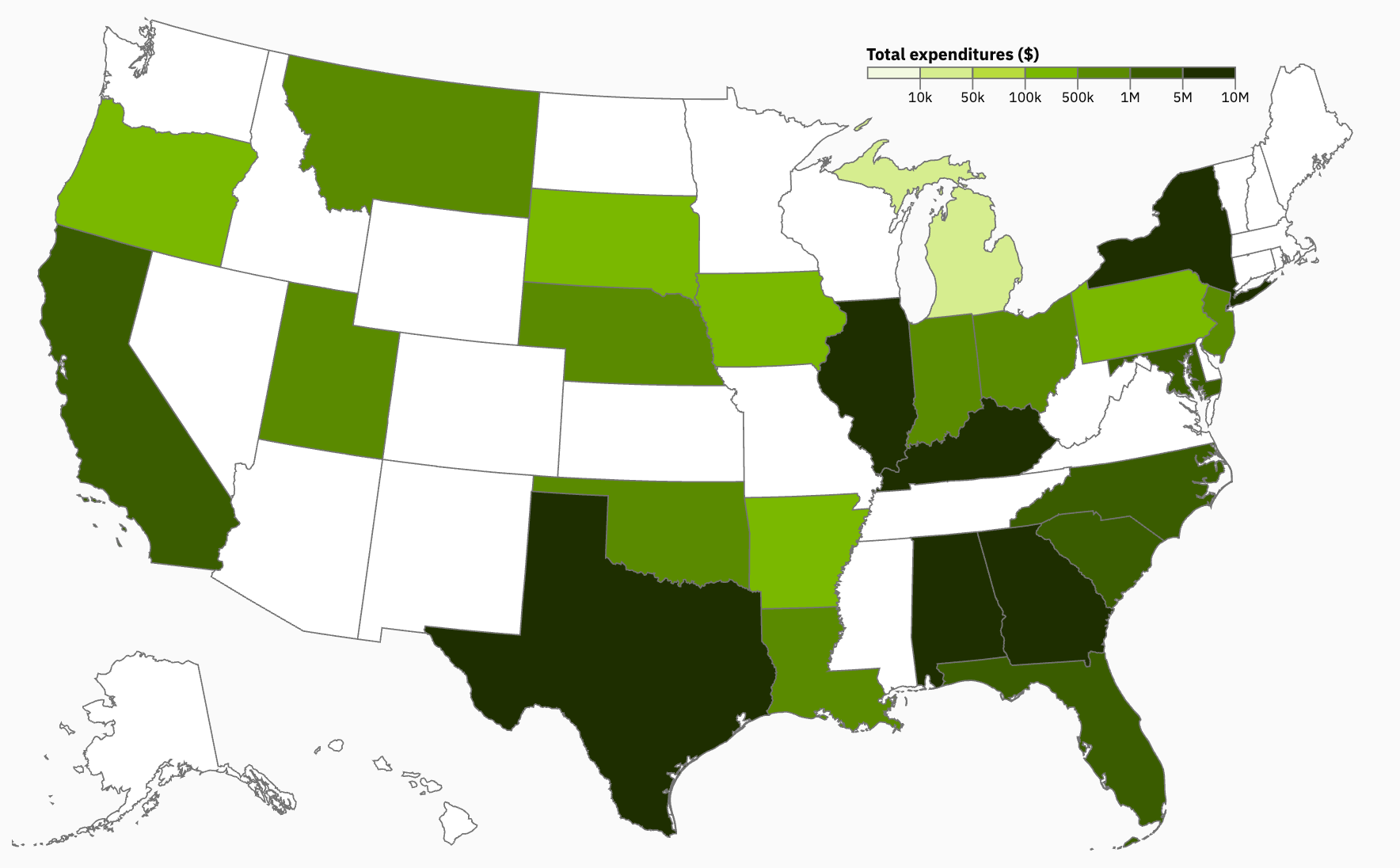 Map of the US with green fill representing amount of PAC spending by state. Illinois: $16,803,099, Texas: $14,476,126, Alabama: $11,268,491, New York: $11,213,298, Kentucky: $8,696,506, Georgia: $8,571,711, California: $3,870,879, Maryland: $3,293,876, Florida: $2,232,549, North Carolina: $2,211,673, South Carolina: $1,411,599, New Jersey: $924,860, Nebraska: $895,600, Utah: $879,000, Montana: $876,784, Oklahoma: $808,341, Louisiana: $600,000, Indiana: $513,868, Ohio: $512,483, Arkansas: $418,055, South Dakota: $411,748, Oregon: $292,418, Pennsylvania: $263,250, Iowa: $103,970, Michigan: $47,012