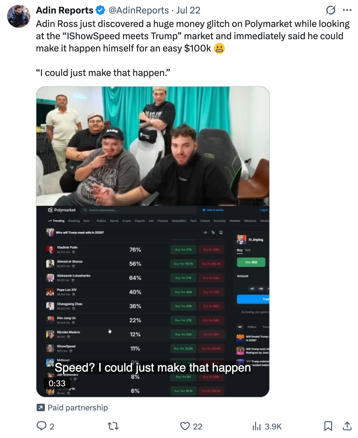 Tweet by Adin Reports on July 22, 2026: “Adin Ross just discovered a huge money glitch on Polymarket while looking at the “IShowSpeed meets Trump” market and immediately said he could make it happen himself for an easy $100k 😬 “I could just make that happen.””