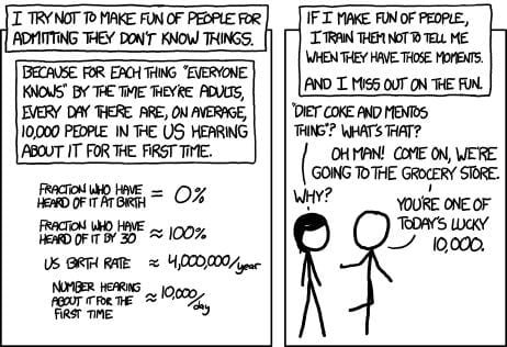  I try not to make fun of people for admitting they don't know things.  Because for each thing 'everyone knows' by the time they're adults, every day there are, on average, 10,000 people in the US hearing about it for the first time. [A list of equations.] Fraction who have heard of it at birth = 0% Fraction who have heard of it by 30 ≈ 100% US birth rate ≈ 4,000,000/year Number hearing about it for the first time ≈ 10,000/day  If I make fun of people, I train them not to tell me when they have those moments. And I miss out on the fun. [Megan is standing. Cueball is walking, with his palm out.] Megan: 'Diet Coke and Mentos thing'? What's that? Cueball: Oh man! Come on, we're going to the grocery store. Megan: Why? Cueball: You're one of today's lucky 10,000.