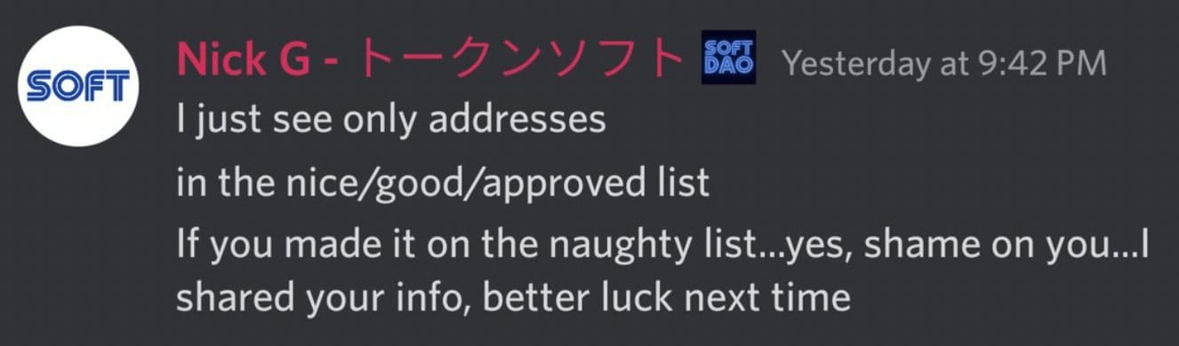 Discord messages from Nick G: "I just see only addresses in the nice/good/approved list. If you made it on the naughty list...yes, shame on you...I shared your info, better luck next time"