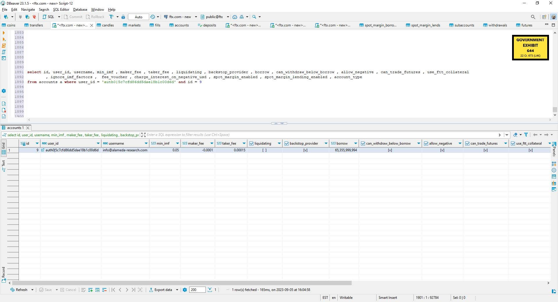 Screenshot of a database query returning one row, with username info@alameda-research.com, and borrow 65,355,999,944