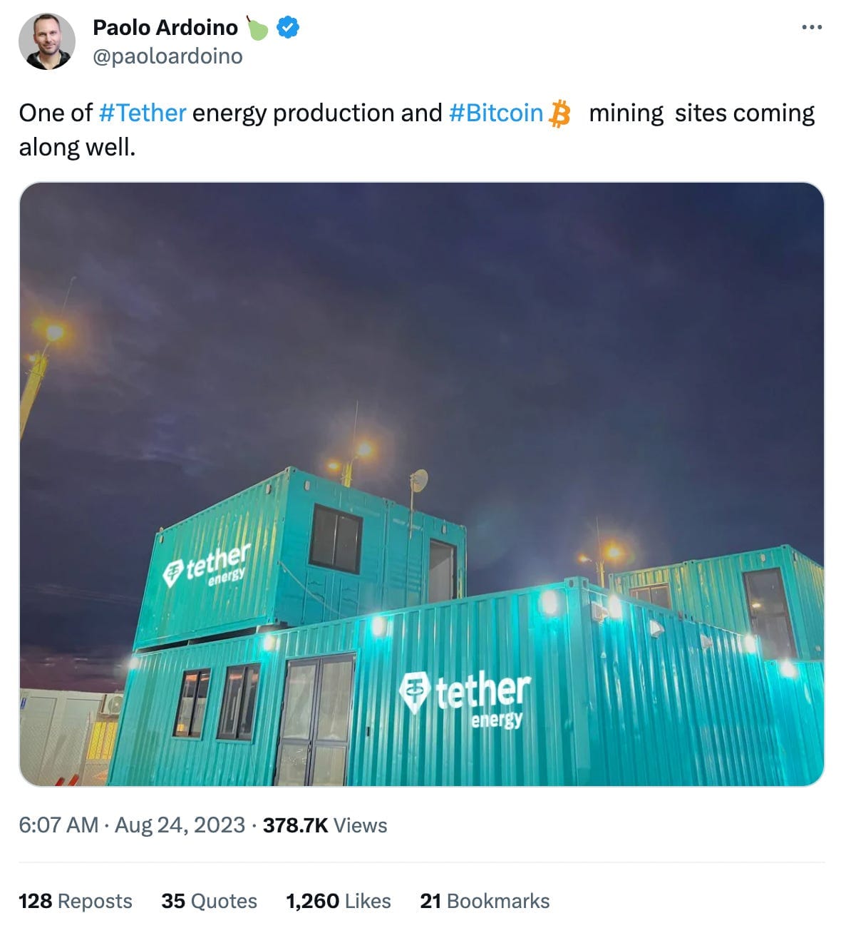 Tweet by Paolo Ardoino: "One of #Tether energy production and #Bitcoin mining sites coming along well." The tweet includes a photo of a green building appeared to be made from a shipping container, with the Tether logo amateurishly photoshopped on the side.