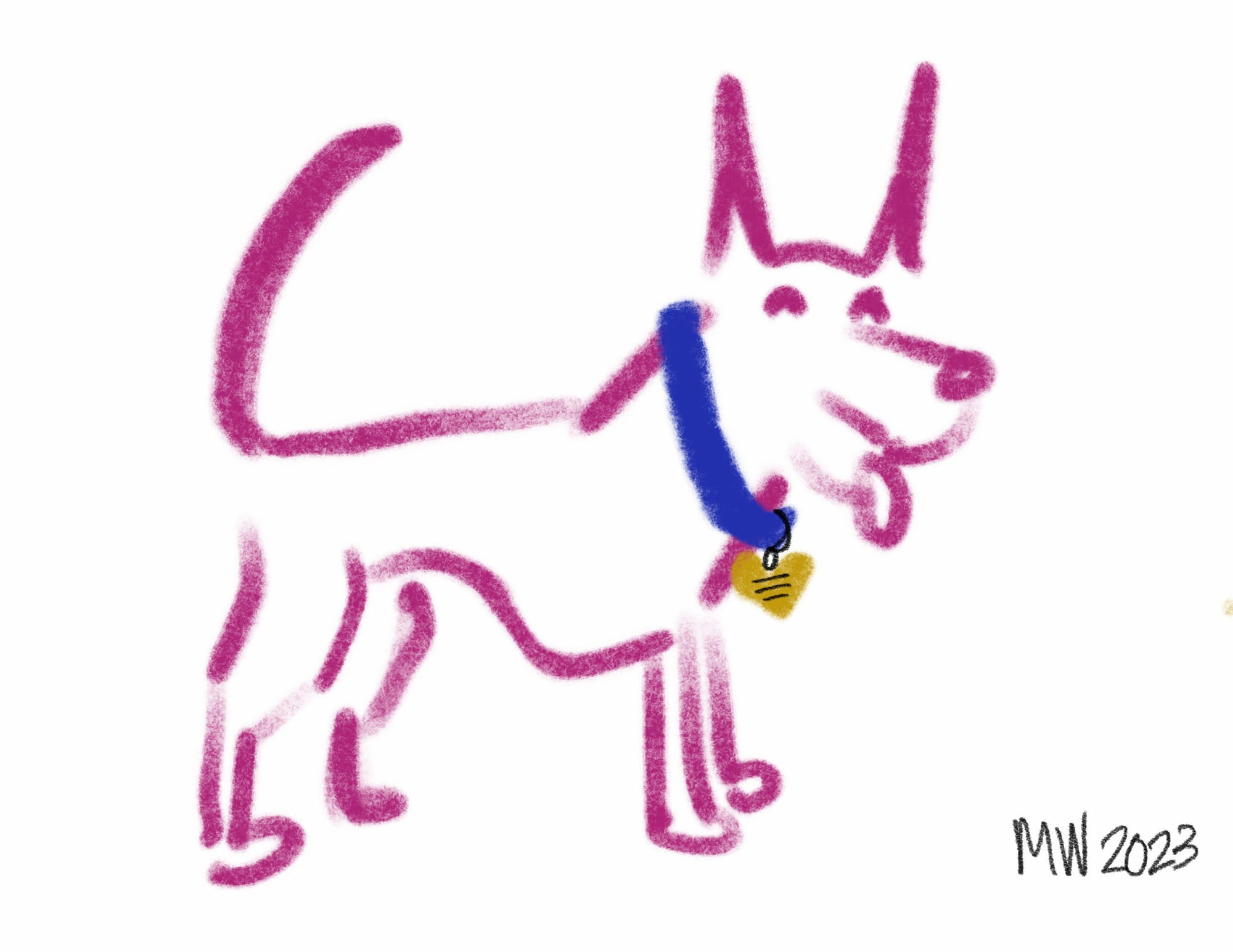 A quickly sketched drawing of a pink dog with tall pointy ears, a blue collar with a heart shaped tag, and "MW 2023" signed in the corner.