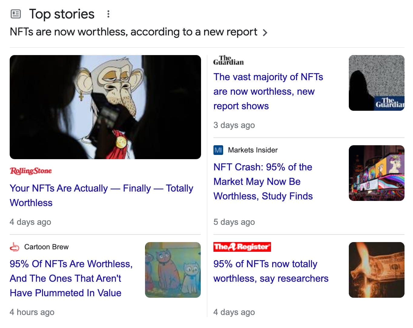 Google News search results: Top stories NFTs are now worthless, according to a new report  Rolling Stone Your NFTs Are Actually — Finally — Totally Worthless 4 days ago  The Guardian The vast majority of NFTs are now worthless, new report shows 3 days ago  Markets Insider NFT Crash: 95% of the Market May Now Be Worthless, Study Finds 5 days ago  Cartoon Brew 95% Of NFTs Are Worthless, And The Ones That Aren't Have Plummeted In Value 4 hours ago  Theregister 95% of NFTs now totally worthless, say researchers 4 days ago