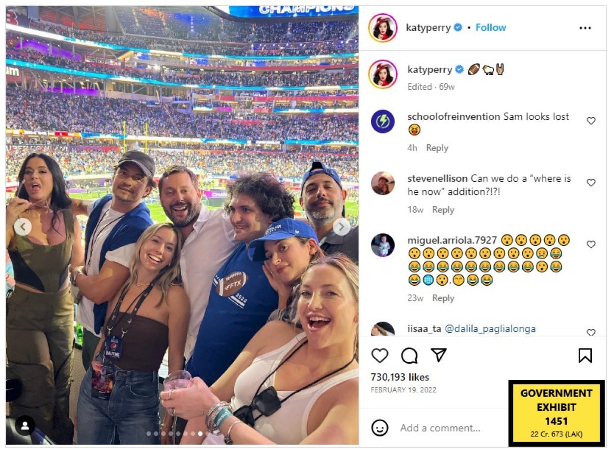 An Instagram post by Katy Perry, showing eight people posing for a photograph at the Super Bowl. Among them are Katy Perry, Orlando Bloom, Michael Kives, Kate Hudson, and Sam Bankman-Fried