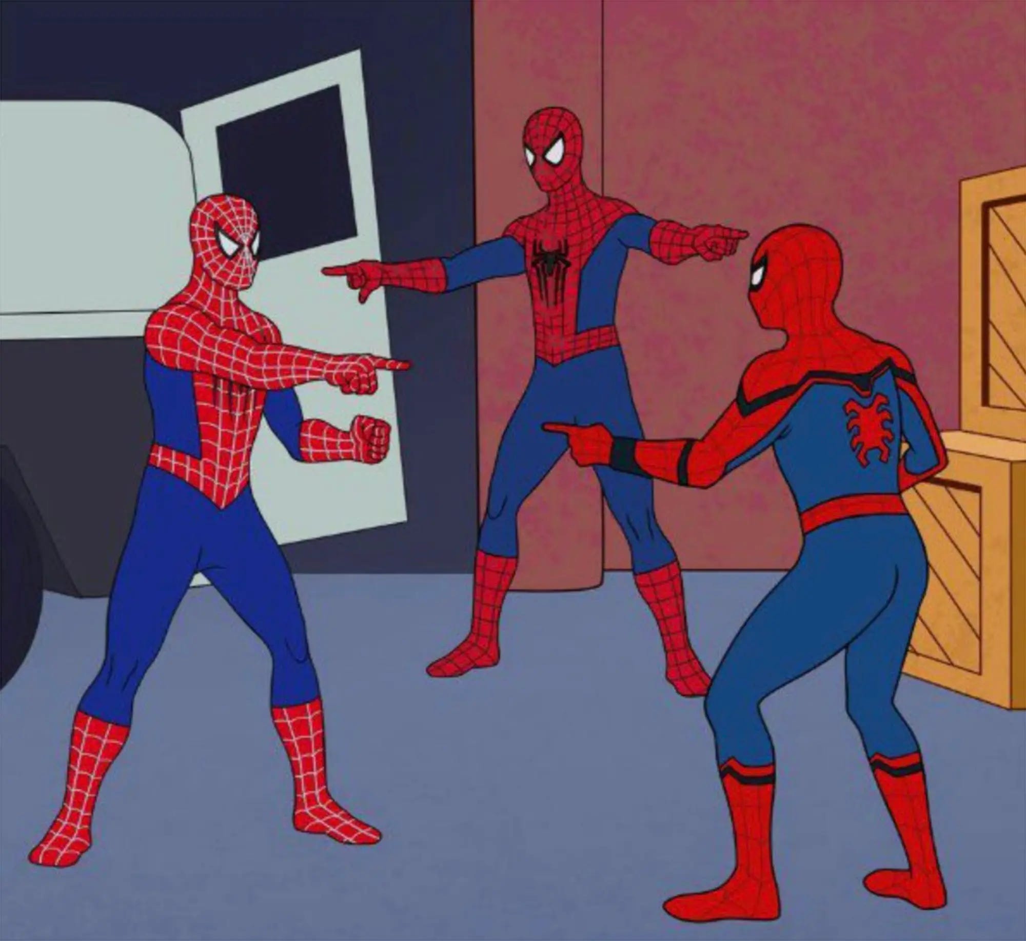 Three-way Spidermans pointing at Spidermans meme