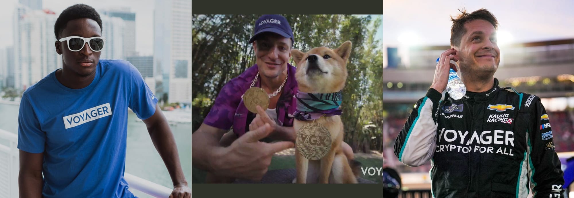 Photo collage of Victor Oladipo wearing a blue Voyager shirt and white sunglasses, Rob Gronkowski wearing a Voyager hat and pointing to a VGX medallion around the neck of a Shiba Inu, and Landon Cassill wearing a Voyager-branded racing suit