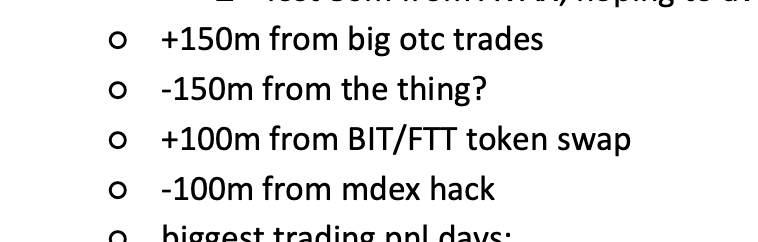 • +150m from big otc trades • -150m from the thing? • +100m from BIT/FTT token swap • -100m from mdex hack