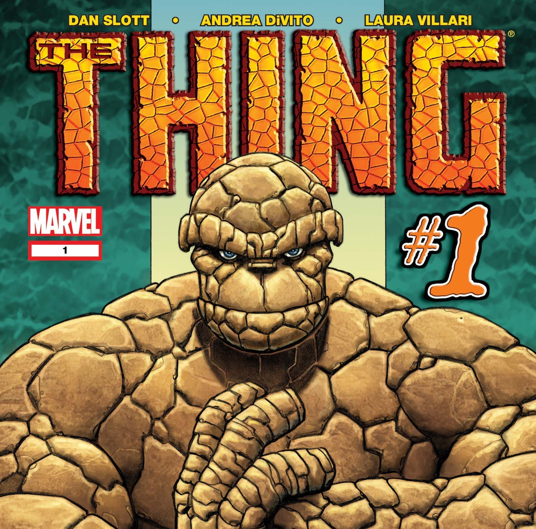Portion of the cover for Marvel's The Thing Issue #1, which features  The Thing -- a muscular humanoid figure appearing to be made from cracked brown rock, pressing a fist into his open hand