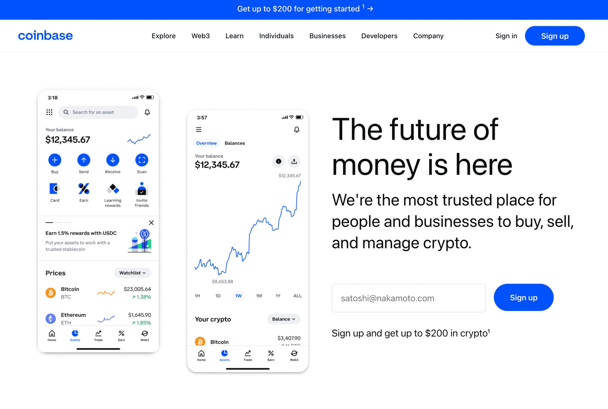 Screenshot of the Coinbase homepage, which says in large text: "The future of money is here"