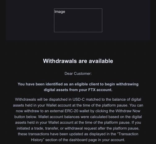 Email: "Withdrawals are available", with subhead "You have been identified as an eligible client to begin withdrawing digital assets from your FTX account."