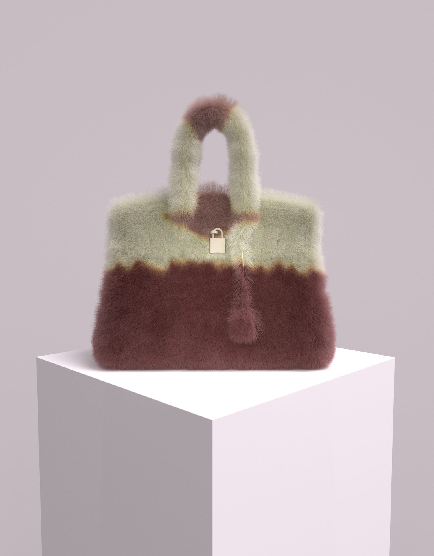 A digital rendering of a Birkin style handbag covered in green and brown faux fur