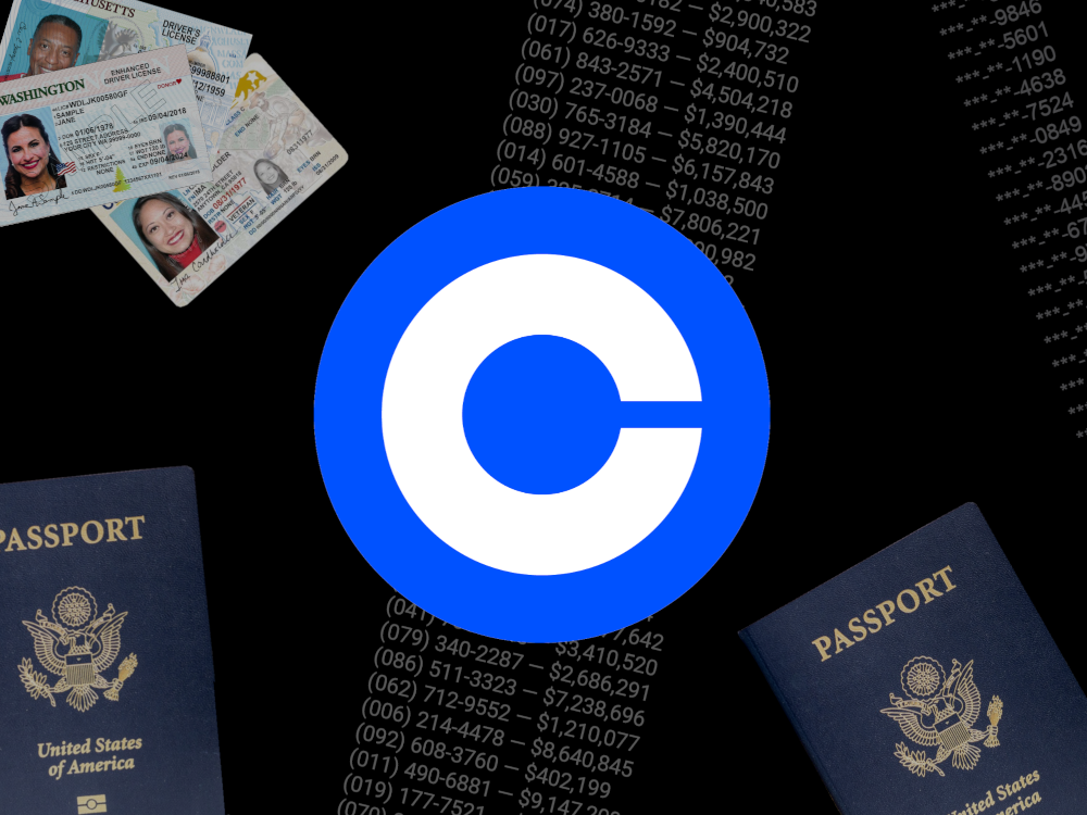 Collage of passports, drivers licenses, phone numbers, monetary amounts, and masked social security numbers, with the Coinbase logo above