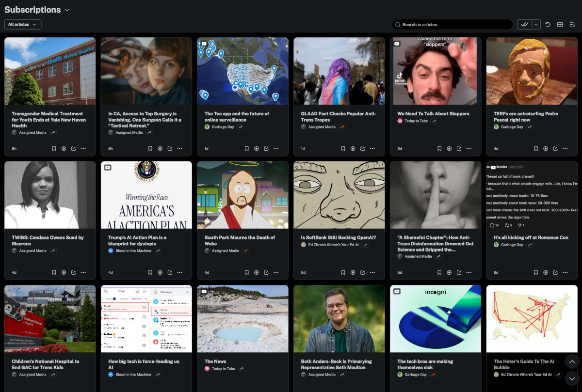 A grid of articles from the “Subscriptions” tab of my RSS reader