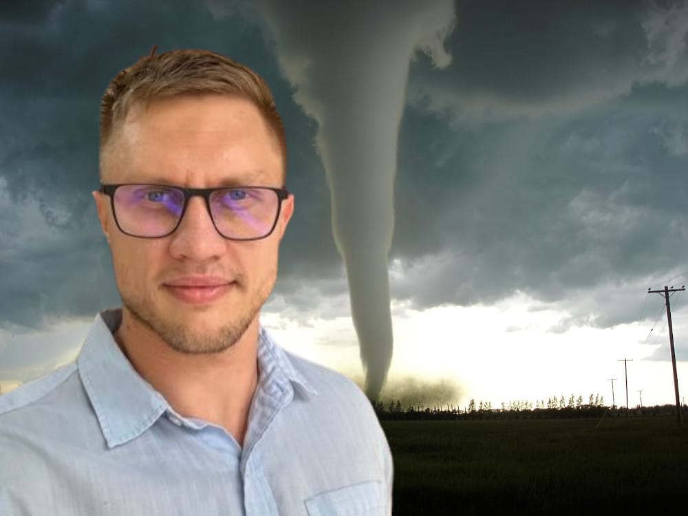 Roman Storm, overlaid over a photo of a tornado