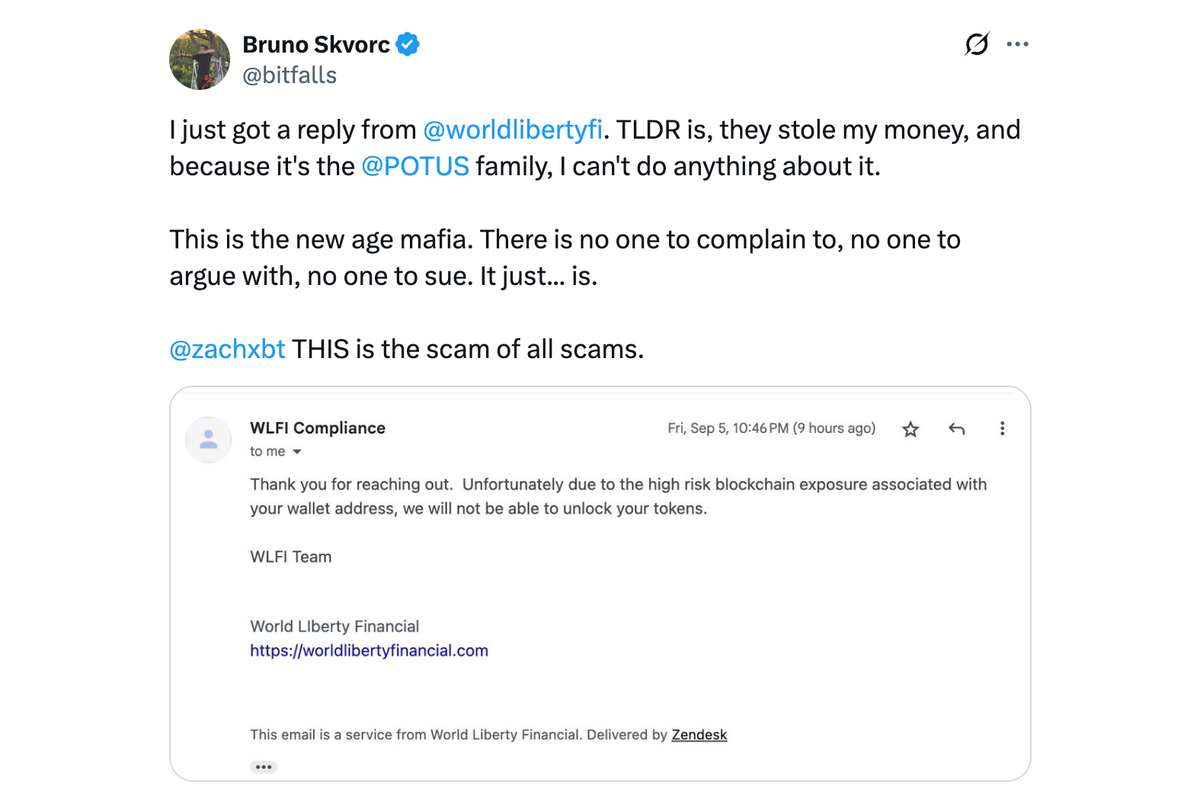 Tweet by Bruno Skvorc: I just got a reply from  @worldlibertyfi . TLDR is, they stole my money, and because it's the  @POTUS  family, I can't do anything about it...