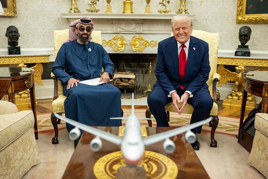 The UAE’s chair of the sovereign wealth fund, Tahnoun bin Zayed Al Nahyan, sits with President Trump in the Oval Office