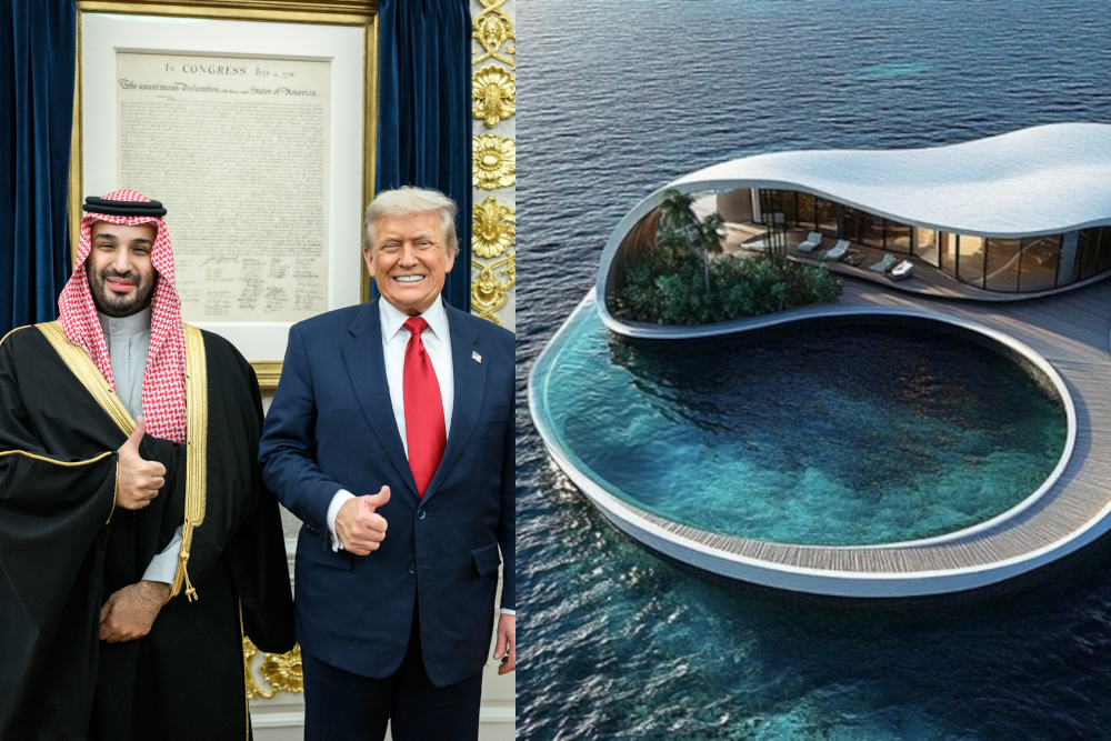Crown Prince Mohammed bin Salman and President Donald Trump pose together making thumbs-up gestures. On the right is a render of the proposed Trump Maldives hotel.