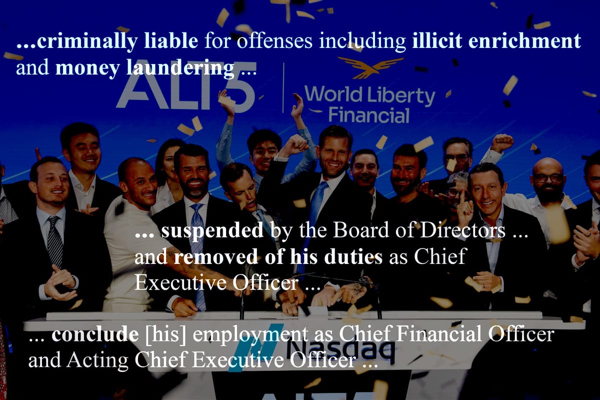 A photo of Eric and Donald Trump Jr., other World Liberty Financial executives, and employees of Alt5 Sigma ringing the opening bell at the Nasdaq, superimposed with quotes from SEC filings