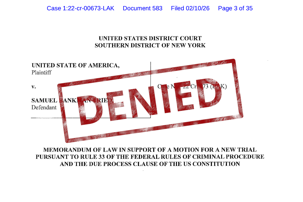 Bankman-Fried’s motion for a new trial, overlaid with a red “denied” stamp