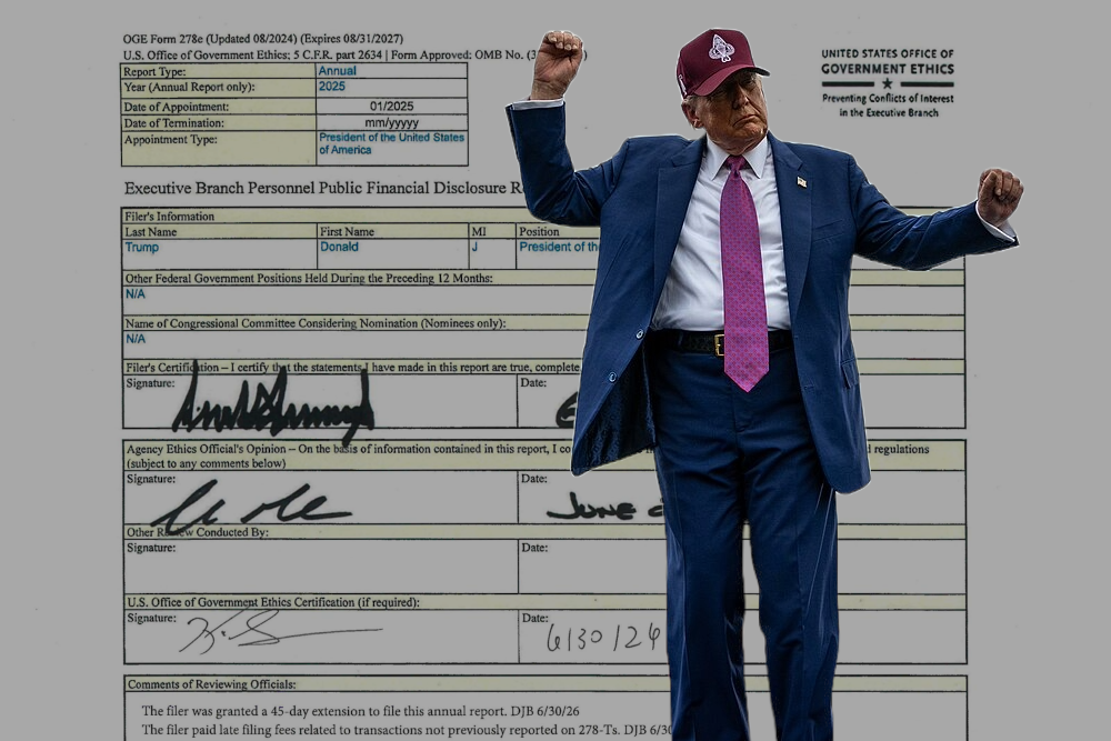 An image of Trump dancing with both fists in the air, overlaid over the first page of Trump’s 2025 disclosure.