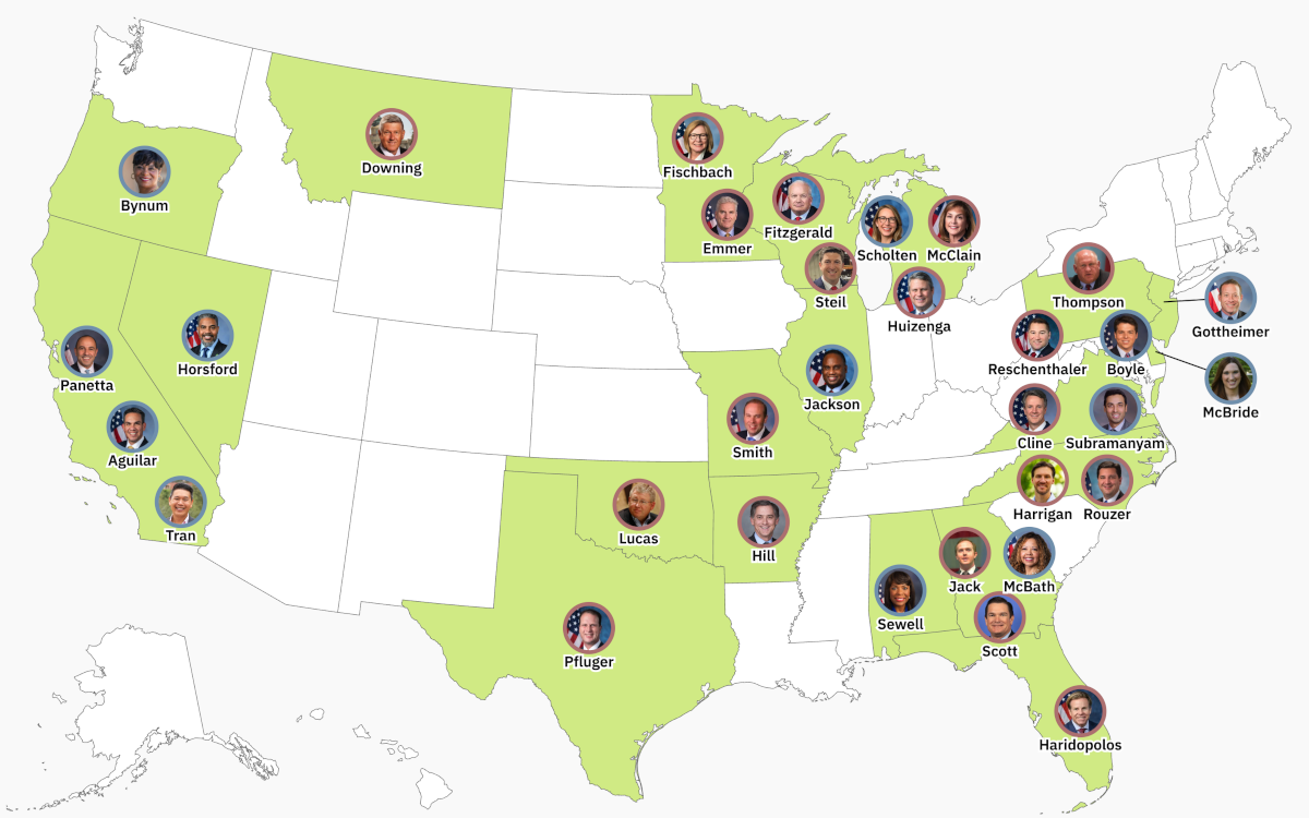 Map of the United States showing photos of the 32 House members endorsed by the crypto super PAC Fairshake, each placed on their home state
