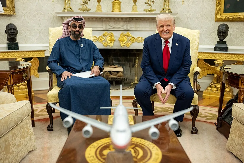 The UAE’s chair of the sovereign wealth fund, Tahnoun bin Zayed Al Nahyan, sits with President Trump in the Oval Office