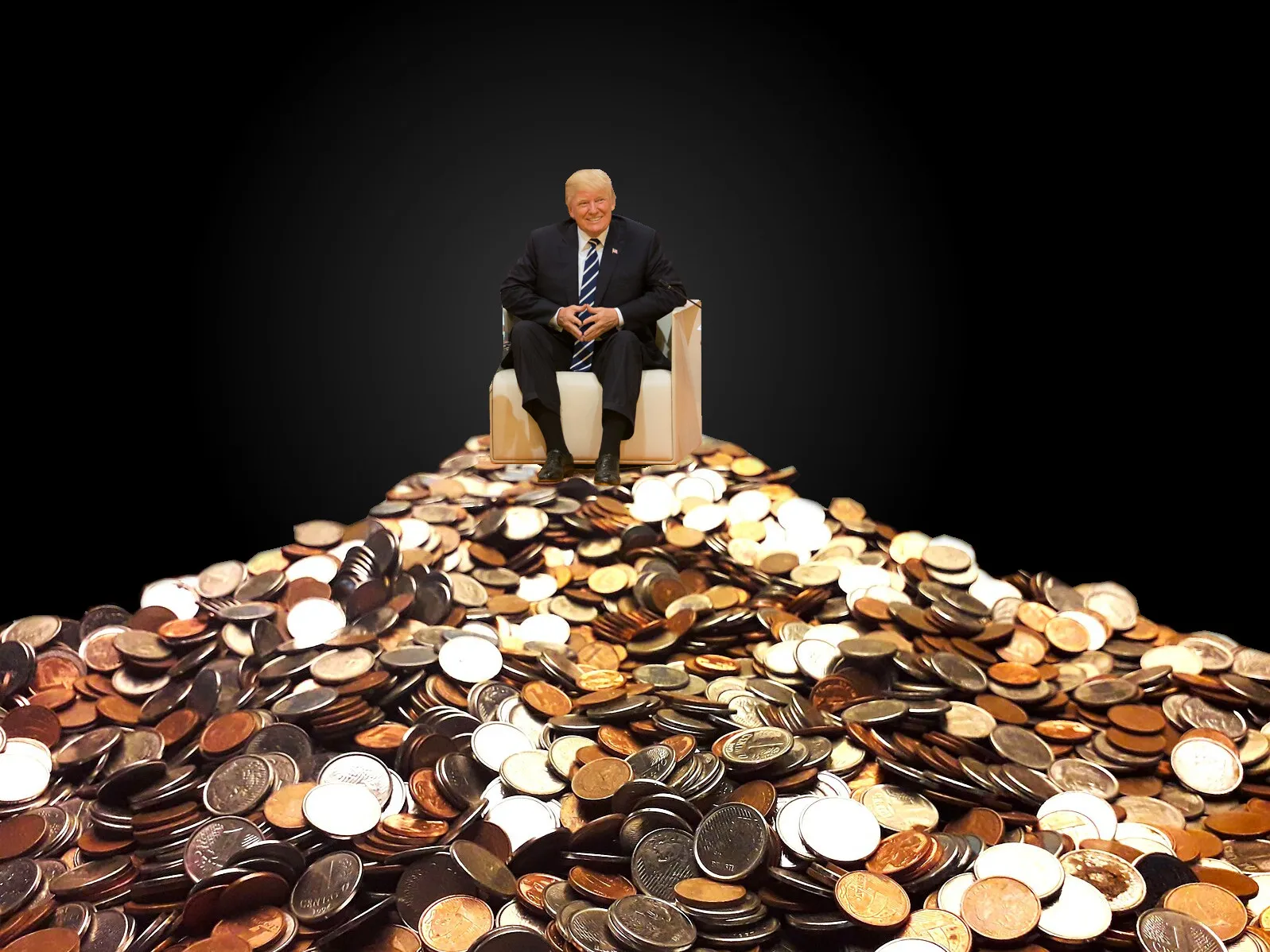 Trump sitting in a chair atop a large pile of coins