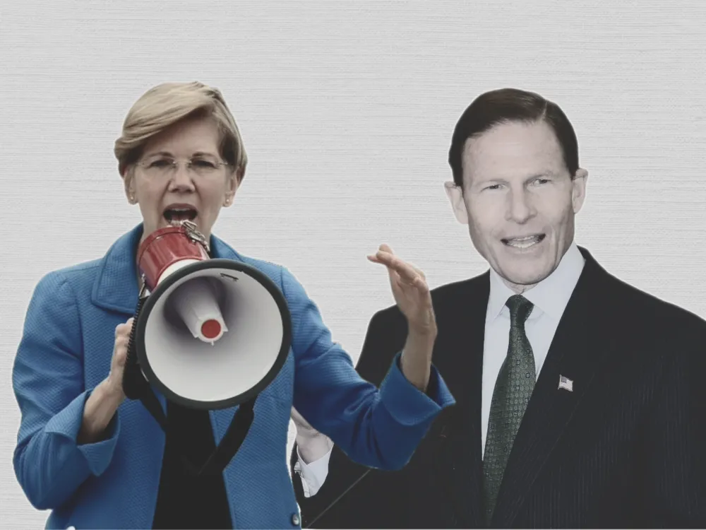 Collage of Senator Elizabeth Warren speaking into a bullhorn, and Senator Richard Blumenthal speaking into a microphone