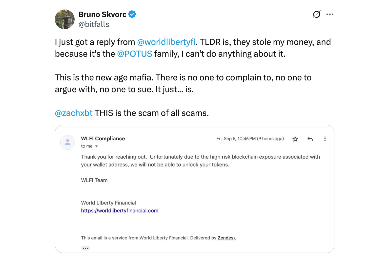 Tweet by Bruno Skvorc: I just got a reply from  @worldlibertyfi . TLDR is, they stole my money, and because it's the  @POTUS  family, I can't do anything about it...