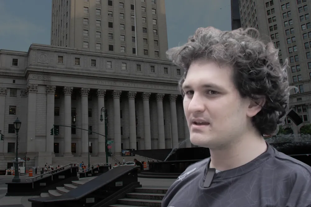 A photo of Sam Bankman-Fried superimposed over a photo of the NY appeals courthouse