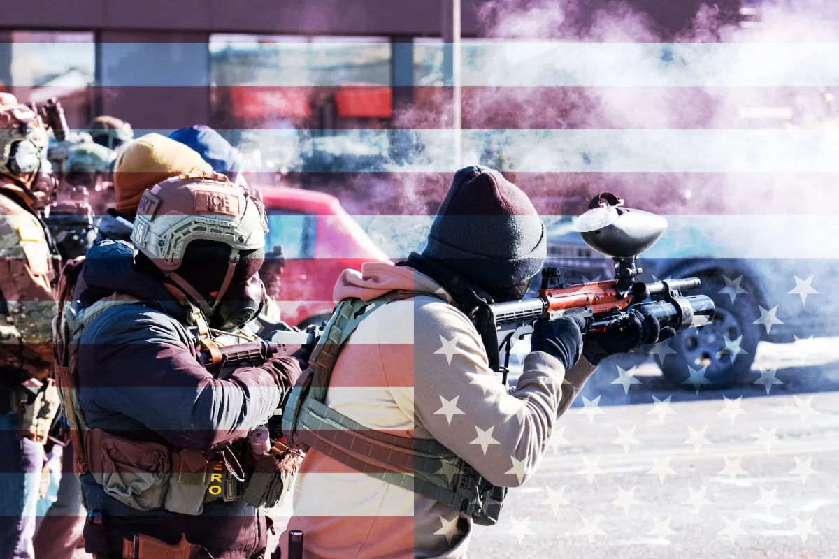 ICE agents shoot projectiles at protesters in Minneapolis on January 24. The photo has been overlaid with an upside down American flag.