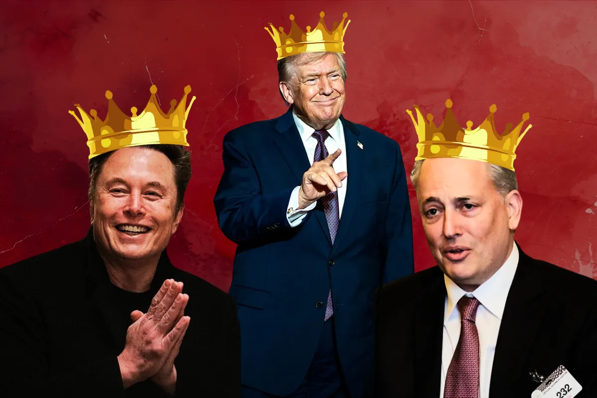 A collage of Elon Musk, Donald Trump, and David Sacks, all wearing gold crowns