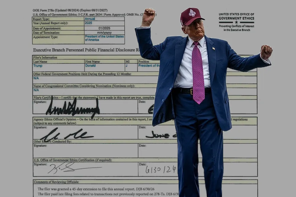 An image of Trump dancing with both fists in the air, overlaid over the first page of Trump’s 2025 disclosure.
