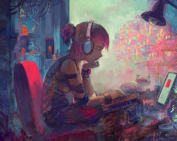 A painting of a girl with short pink hair in a bun using a computer in a futuristic setting
