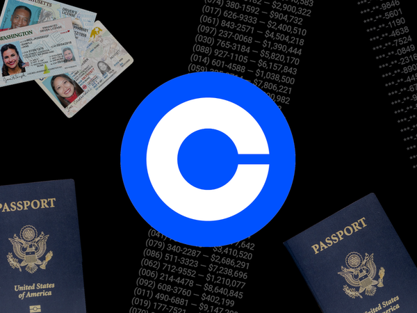 Collage of passports, drivers licenses, phone numbers, monetary amounts, and masked social security numbers, with the Coinbase logo above