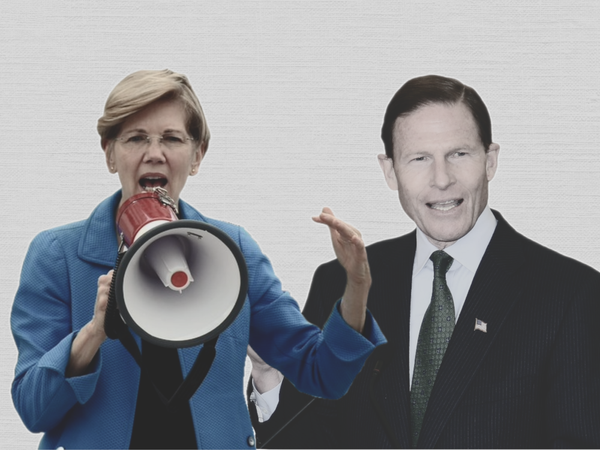 Collage of Senator Elizabeth Warren speaking into a bullhorn, and Senator Richard Blumenthal speaking into a microphone