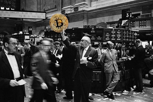 A stock trader on the floor of the NYSE in 1963, photoshopped to show him holding up a large physical “bitcoin”