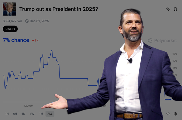 A photo of Donald Trump Jr. gesturing with his arms out, superimposed over a Polymarket prediction market on “Trump out as President”
